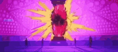 a group of people are standing in front of a purple and yellow background with a red object in the middle of the screen .