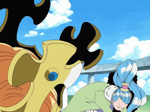 a cartoon drawing of a woman with blue hair and a yellow head