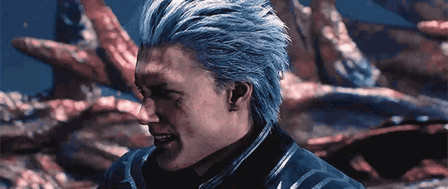 a man with blue hair is smiling in a video game scene