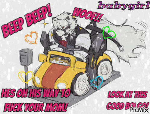 a drawing of a bear driving a car with the words beep beep woof and babygirl