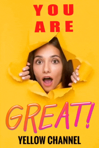 a woman is peeking out of a hole in a yellow poster that says you are great