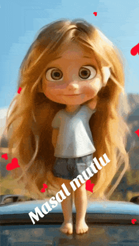 a cartoon girl with long hair is standing on a car hood with the words masal mutlu written below her