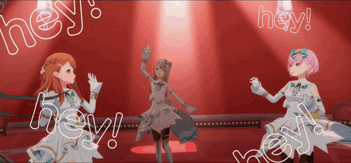 three anime girls are dancing on a stage and the words hey are visible