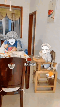 a boy is sitting at a table with a baby in a high chair next to him .