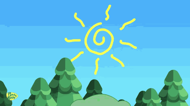 a cartoon drawing of a tree and a sun with the little bear logo in the corner