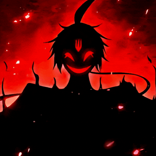 a silhouette of a demon with red eyes and a fork in his mouth
