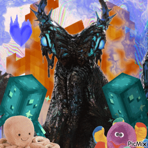 a picture of a monster and stuffed animals with a picmix watermark