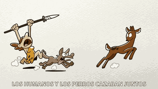 a cartoon drawing of a man holding a spear and two dogs running