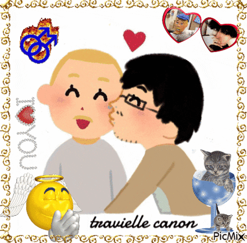 a picture of a man kissing another man with the name travielle canon on the bottom