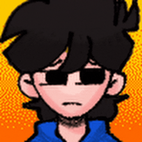 a pixel art drawing of a man wearing sunglasses and a blue shirt .