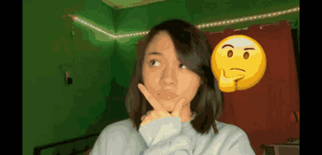 a girl with a smiley face behind her thinking about something