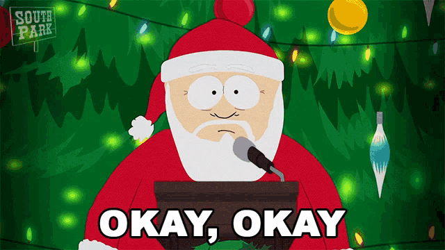 a cartoon of santa giving a speech with the words okay okay below him