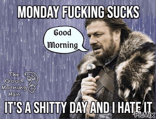 a man in a fur coat is holding a microphone and saying monday fucking sucks