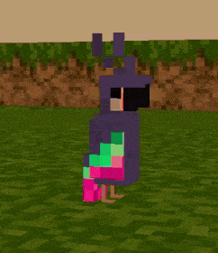 a pixel art of a bird in a purple and pink costume