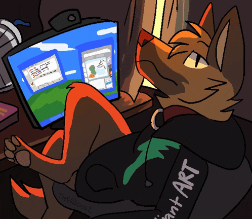a cartoon drawing of a furry sitting in front of a computer screen with the word art on the back