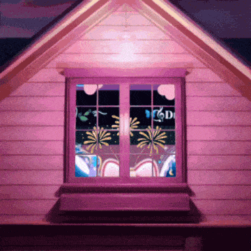 a pink house with a window that shows fireworks and the letter d on the side
