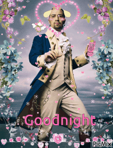 a picture of a man with the words goodnight written in pink