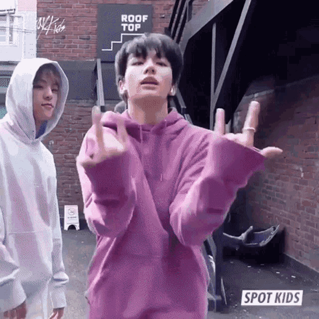 a boy in a purple hoodie is giving the middle finger while standing next to another boy in a white hoodie .