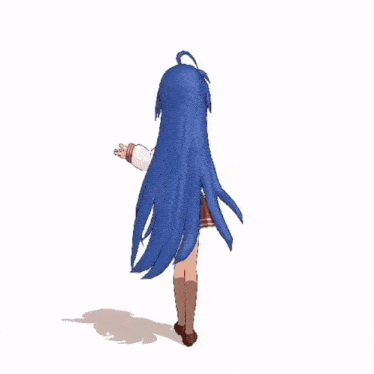 a cartoon girl with blue hair and a red skirt is dancing