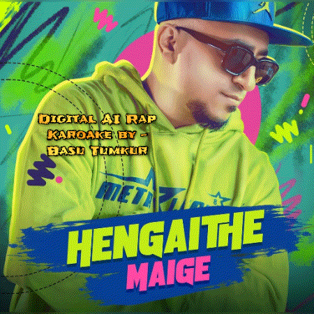 a man wearing sunglasses and a hat is featured on a colorful poster for digital ai rap karaoke by basu tumkun