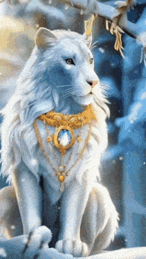 a white lion wearing a gold necklace is sitting in the snow .