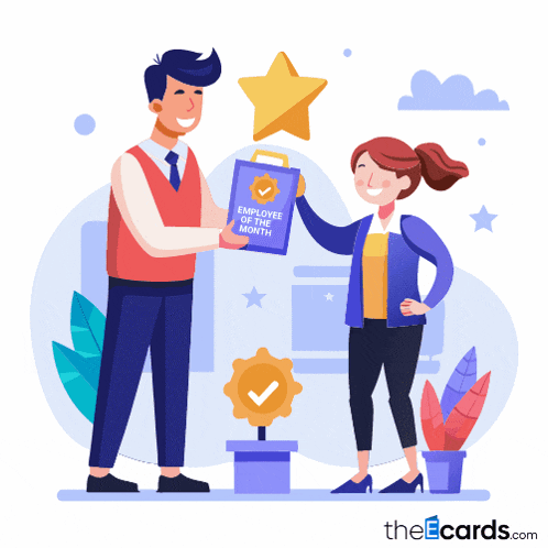 an illustration of a man giving an employee of the month certificate to a woman