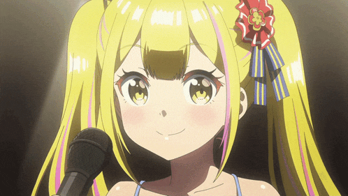 a girl with blonde hair and a flower in her hair is holding a microphone