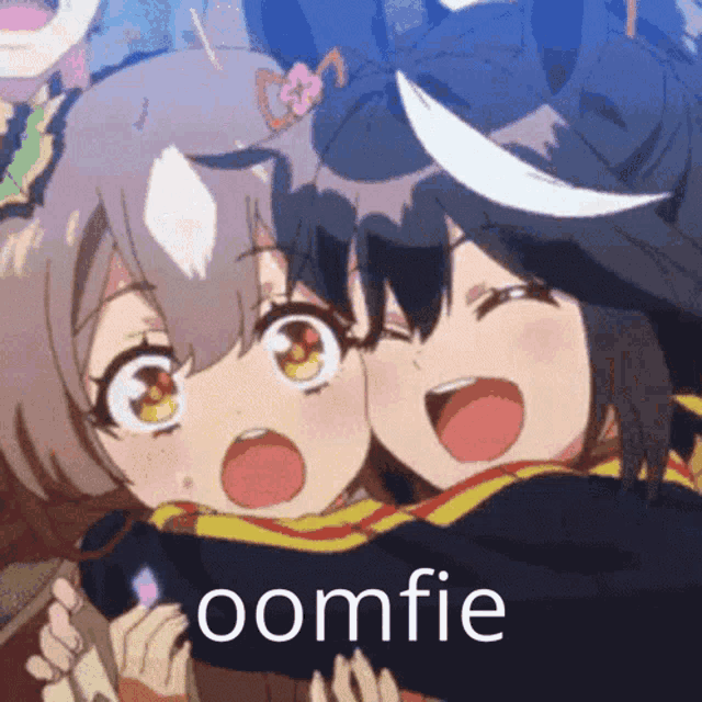 a couple of anime girls hugging each other with the word oomfie on the bottom right
