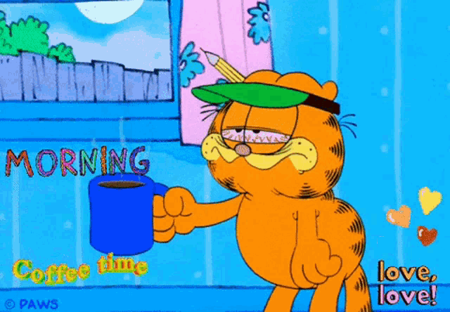 a cartoon of garfield drinking coffee with the words morning coffee time