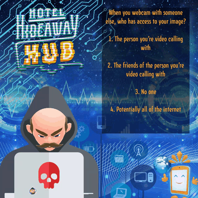 a poster for hotel hideaway hub shows a man in a hood