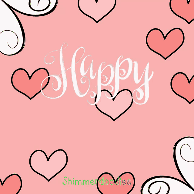 a pink background with hearts and the words happy anniversary written in white