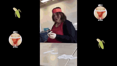 a woman is sitting at a table with the words " iets uit je piemel zuig " on the bottom