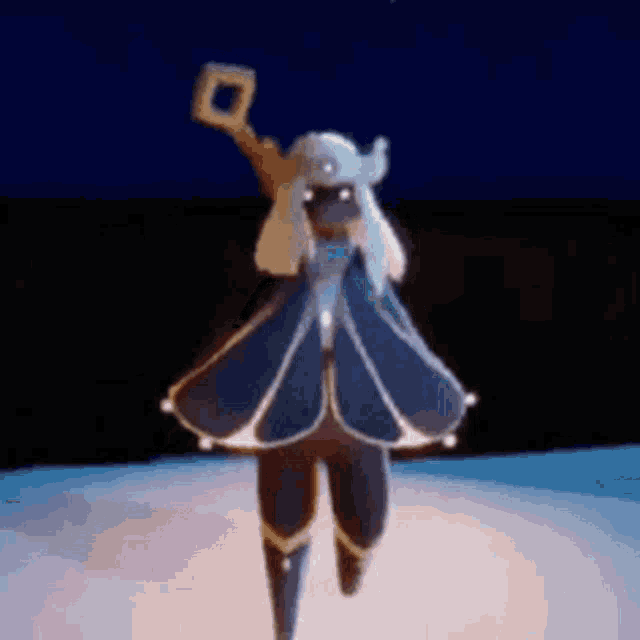 a cartoon character in a blue dress is standing on a stage holding a sword .