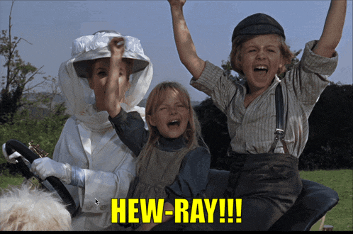 a picture of a boy and two girls with a caption that says hew-ray