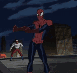 a cartoon of a man in a spiderman costume standing next to another man
