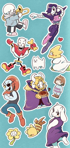 a bunch of cartoon characters on a blue background including papyrus and metamucil