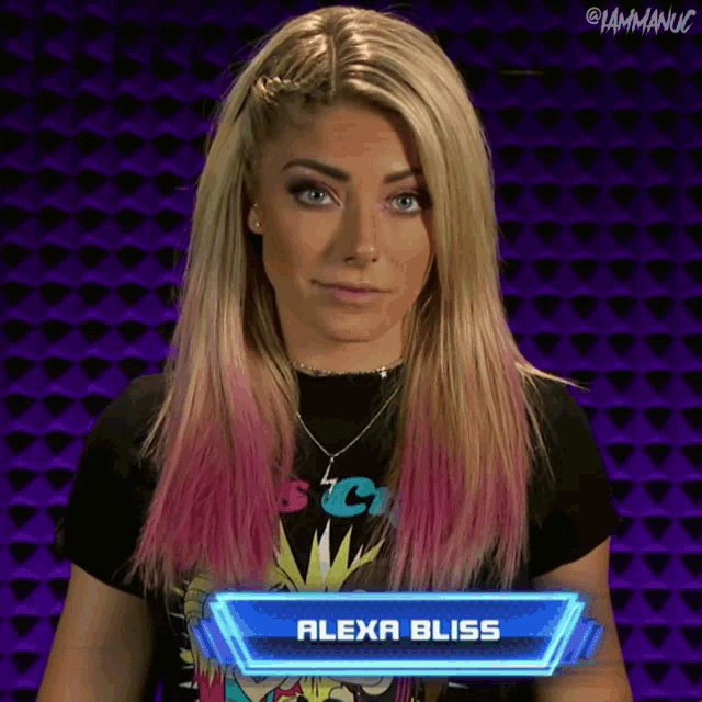 a woman named alexa bliss stands in front of a purple background