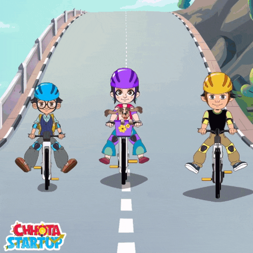 three children are riding bicycles on a road with the words chhota startup on the bottom right