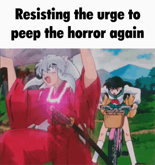 a cartoon of a girl riding a bike with the words resisting the urge to peep the horror again below her