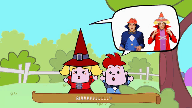 a cartoon shows a witch and a boy with a speech bubble that says buuuuuuuu