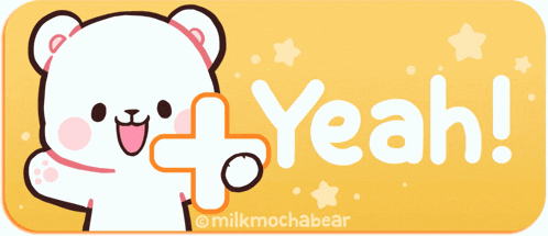 a brown teddy bear is holding a white plus sign and says yeah