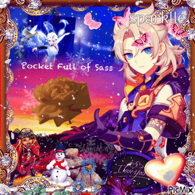 a picture of an anime character with the words pocket full of sass written on it