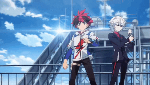 a couple of anime characters standing next to each other on a balcony