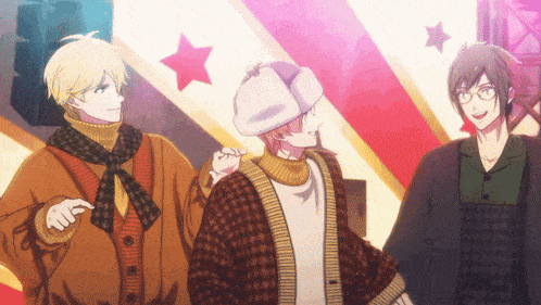 three anime characters are standing next to each other in front of a colorful background with stars