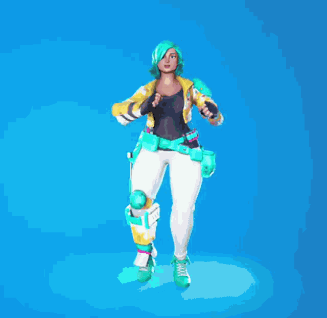 a cartoon character with green hair and white pants is standing in front of a blue background
