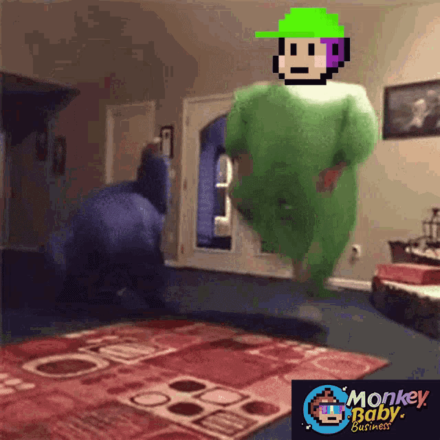 a monkey baby business advertisement shows a person in a green suit