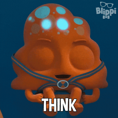 a cartoon character with the word think written in white