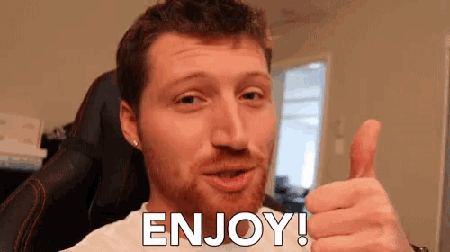 a man is giving a thumbs up with the words enjoy written below him