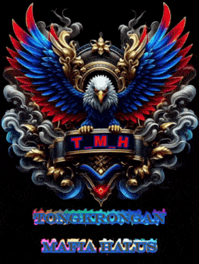 a colorful eagle holding a banner that says t_m_h on it
