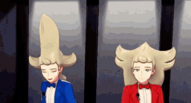 two cartoon characters one in a blue and one in a red suit
